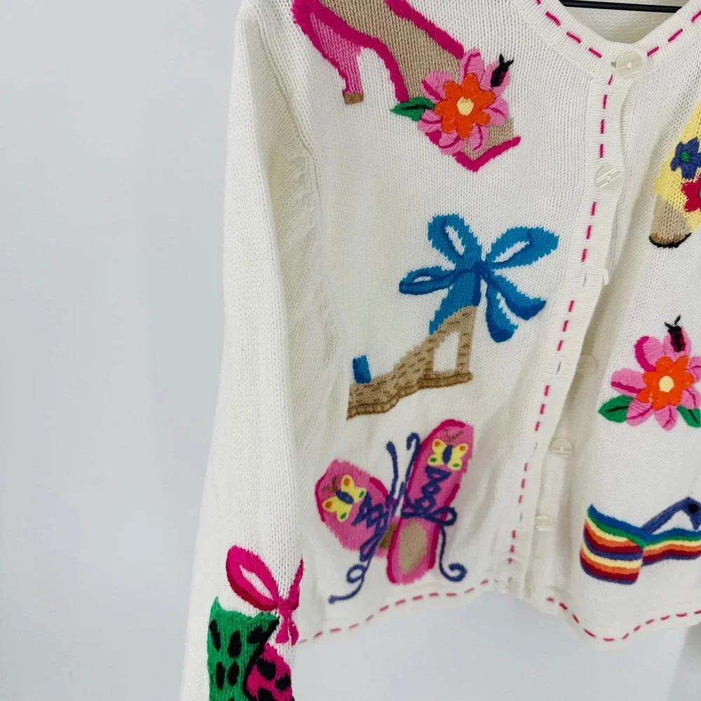 Vintage Thyme Cream Knit Cardigan Shoes Butterfly Novelty Size M Embroidered‎